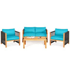 Ensemble de mobilier de patio en bois Costway, 4 pièces, canapé avec coussins et accoudoirs en corde, blanc	urquoise	rouge