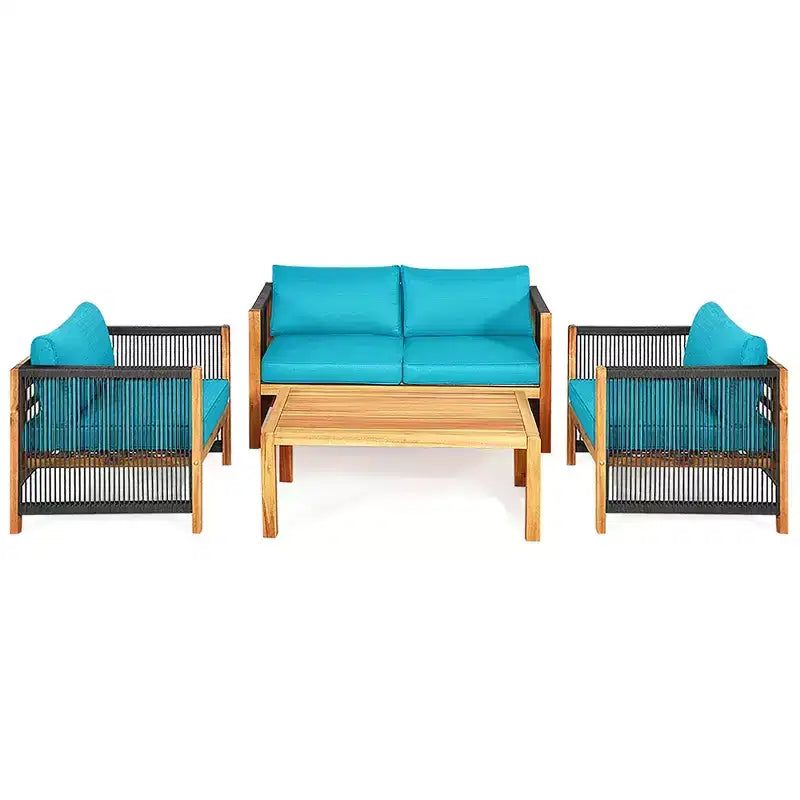Ensemble de mobilier de patio en bois Costway, 4 pièces, canapé avec coussins et accoudoirs en corde, blanc	urquoise	rouge
