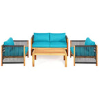 Ensemble de mobilier de patio en bois Costway, 4 pièces, canapé avec coussins et accoudoirs en corde, blanc	urquoise	rouge
