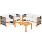 Ensemble de mobilier de patio en bois Costway, 4 pièces, canapé avec coussins et accoudoirs en corde, blanc	urquoise	rouge