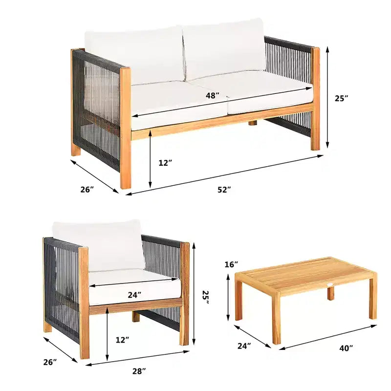 Ensemble de mobilier de patio en bois Costway, 4 pièces, canapé avec coussins et accoudoirs en corde, blanc	urquoise	rouge
