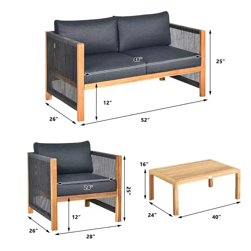Ensemble de mobilier de patio en bois Costway, 4 pièces, canapé avec coussins et accoudoirs en corde, blanc	urquoise	rouge