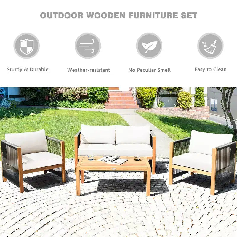 Ensemble de mobilier de patio en bois Costway, 4 pièces, canapé avec coussins et accoudoirs en corde, blanc	urquoise	rouge