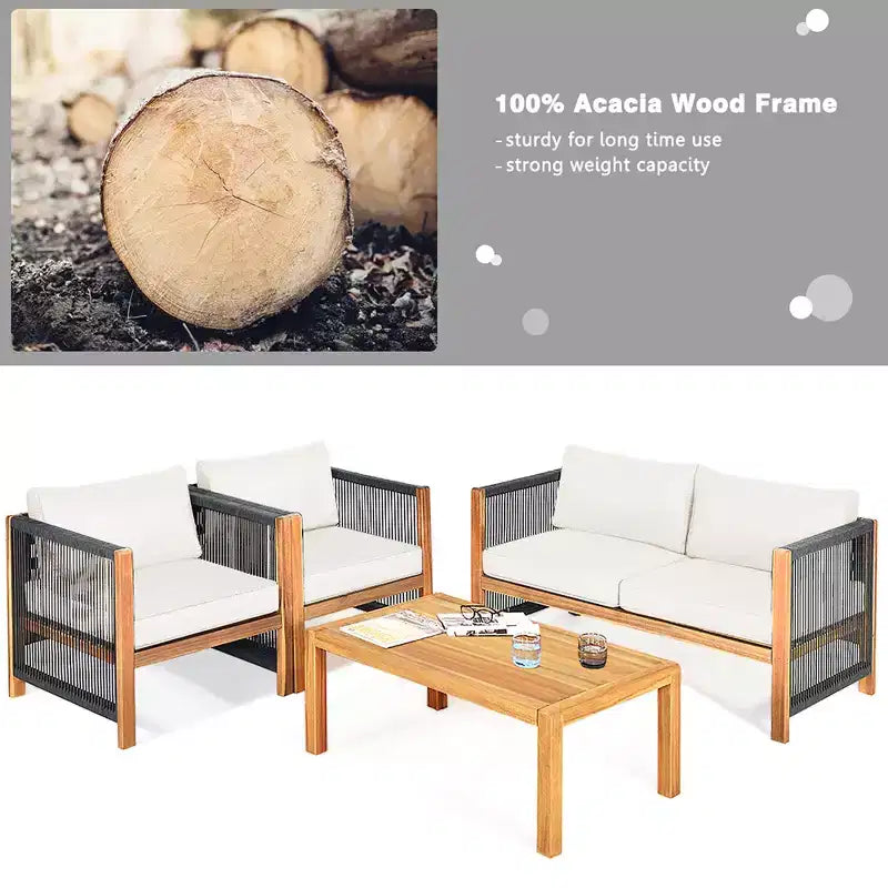 Ensemble de mobilier de patio en bois Costway, 4 pièces, canapé avec coussins et accoudoirs en corde, blanc	urquoise	rouge