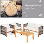 Ensemble de mobilier de patio en bois Costway, 4 pièces, canapé avec coussins et accoudoirs en corde, blanc	urquoise	rouge
