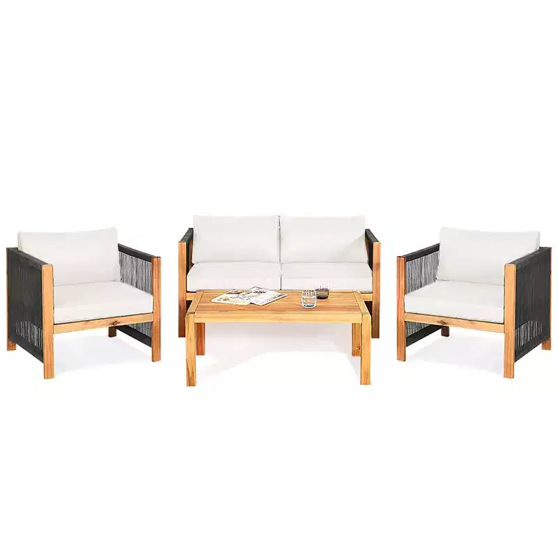 Ensemble de mobilier de patio en bois Costway, 4 pièces, canapé avec coussins et accoudoirs en corde, blanc	urquoise	rouge