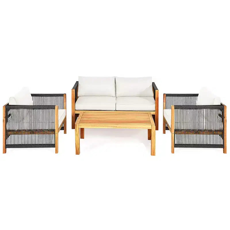 Ensemble de mobilier de patio en bois Costway, 4 pièces, canapé avec coussins et accoudoirs en corde, blanc	urquoise	rouge