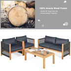 Ensemble de mobilier de patio en bois Costway, 4 pièces, canapé avec coussins et accoudoirs en corde, blanc	urquoise	rouge