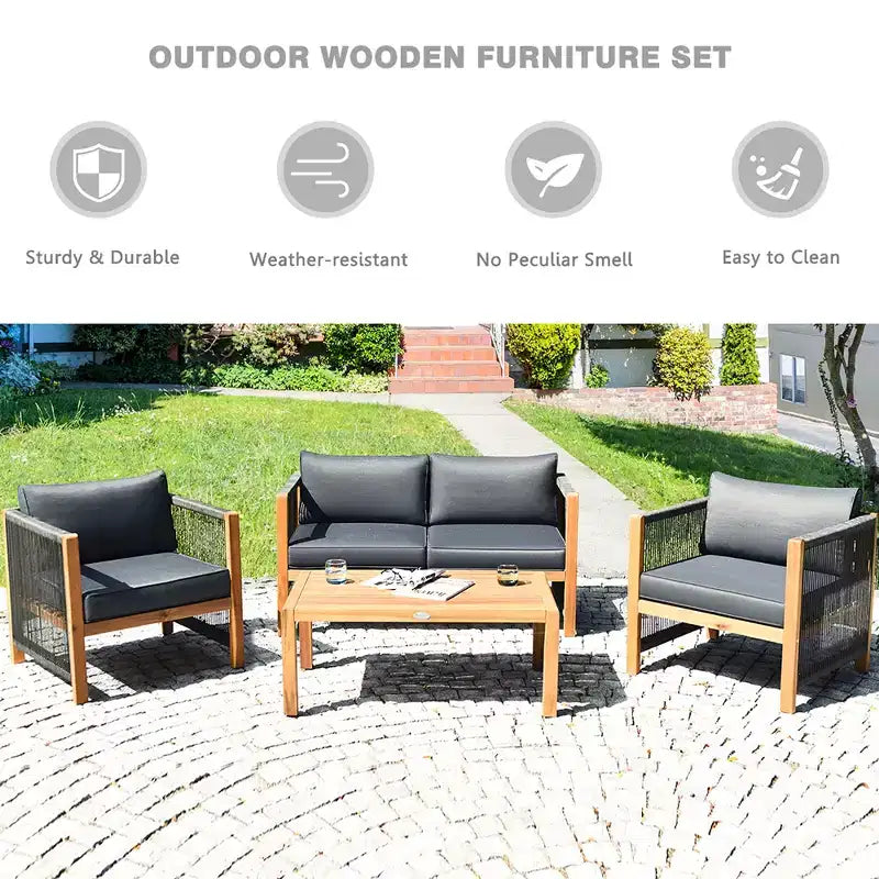 Ensemble de mobilier de patio en bois Costway, 4 pièces, canapé avec coussins et accoudoirs en corde, blanc	urquoise	rouge