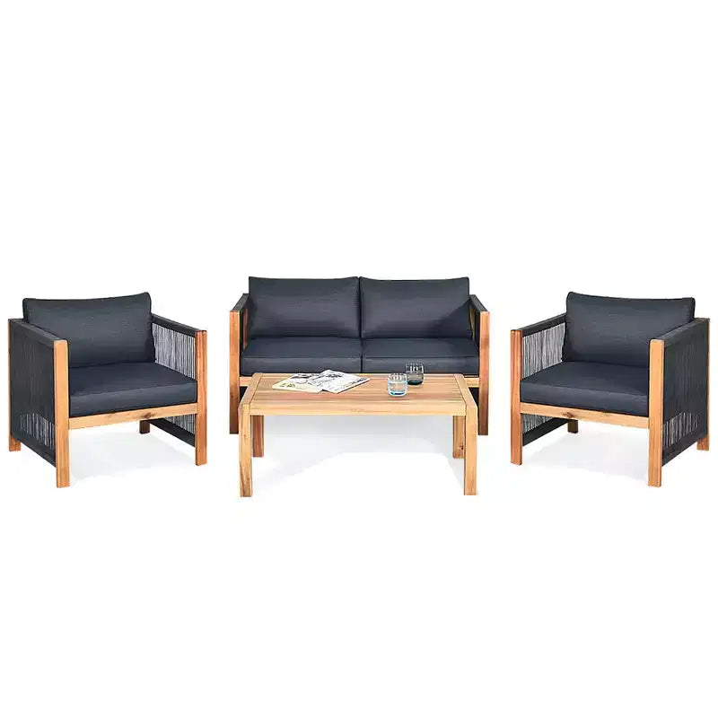 Ensemble de mobilier de patio en bois Costway, 4 pièces, canapé avec coussins et accoudoirs en corde, blanc	urquoise	rouge
