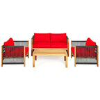 Ensemble de mobilier de patio en bois Costway, 4 pièces, canapé avec coussins et accoudoirs en corde, blanc	urquoise	rouge