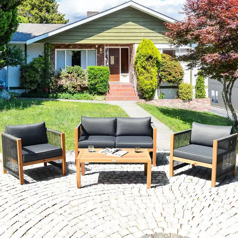 Costway 4PCS Wooden Patio Furniture Set Cushioned Sofa W/Rope Armrest White\Turquoise\Red