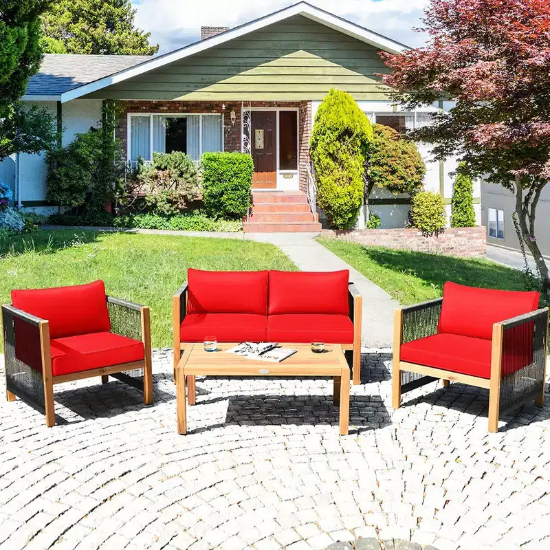 Set di mobili da giardino in legno da 4 pezzi Costway, divano imbottito con braccioli in corda, bianco\turchese\rosso
