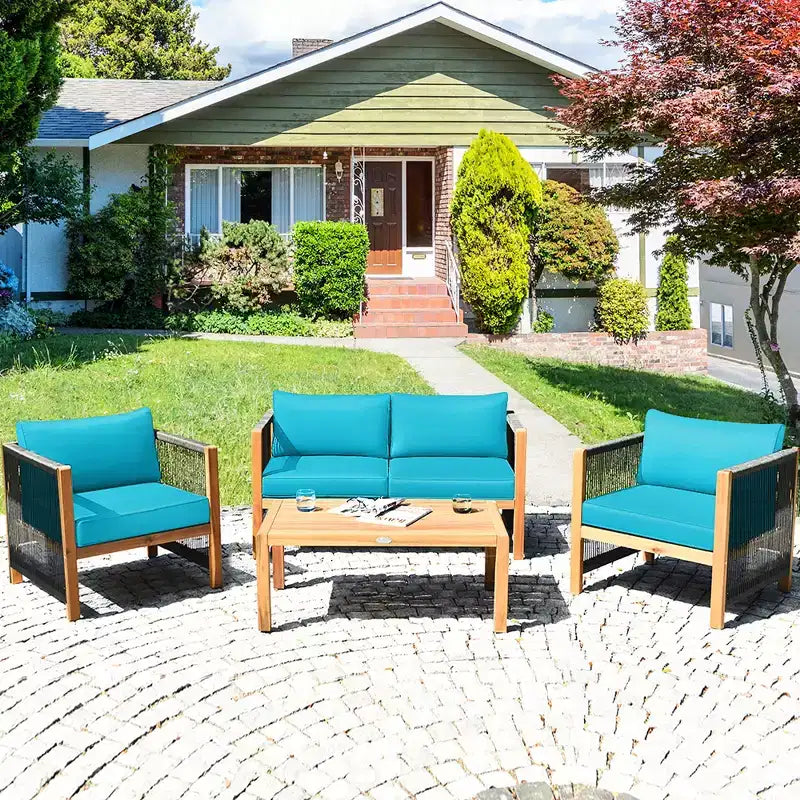 Set di mobili da giardino in legno da 4 pezzi Costway, divano imbottito con braccioli in corda, bianco\turchese\rosso