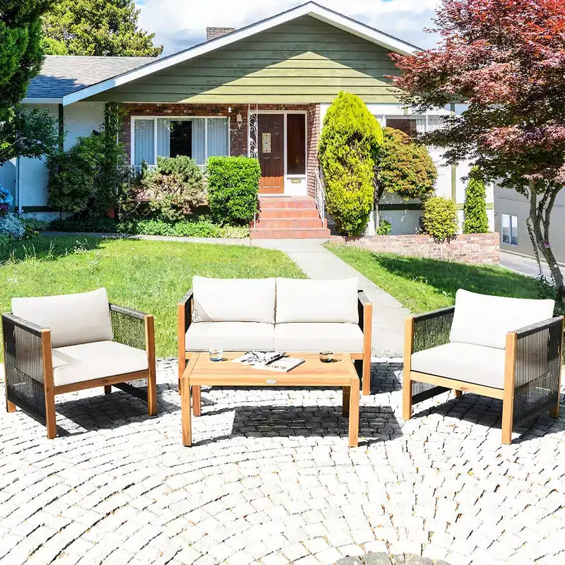 Set di mobili da giardino in legno da 4 pezzi Costway, divano imbottito con braccioli in corda, bianco\turchese\rosso