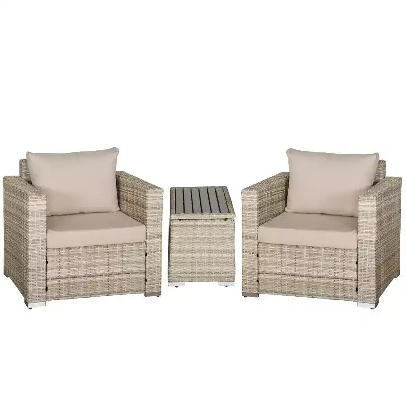 Outsunny 3 Piece Patio Furniture Set, PE Rattan Small Wicker Balcony Furniture, Table & Chairs with Cushions Composite Table for Apartment, Gray