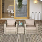 Ensemble de mobilier de jardin Outsunny 3 pièces, petit mobilier de balcon en rotin PE tressé, table et fauteuils avec coussins, table composite pour appartement, gris