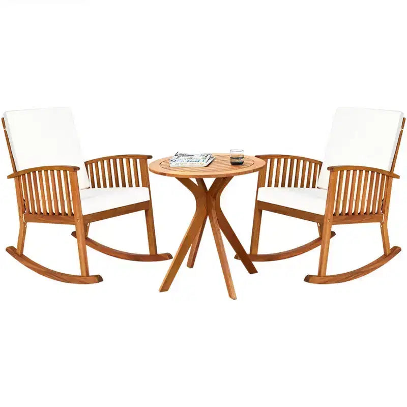 Costway 3PCS Patio Rocking Chair Set Round Table Solid Wood Cushioned Sofa Garden Deck