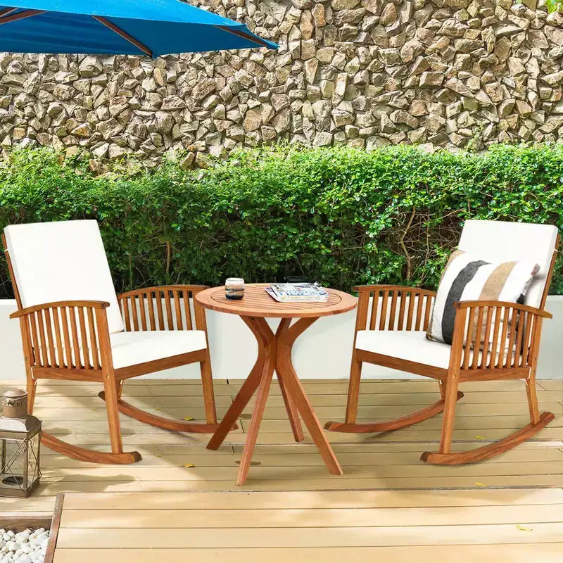 Costway 3-teiliges Garten-Schaukelstuhl-Set mit rundem Tisch aus Massivholz, gepolstertes Sofa für Garten und Terrasse