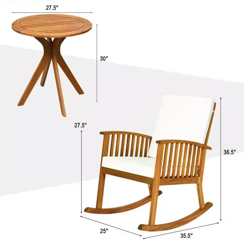 Costway 3-teiliges Garten-Schaukelstuhl-Set mit rundem Tisch aus Massivholz, gepolstertes Sofa für Garten und Terrasse