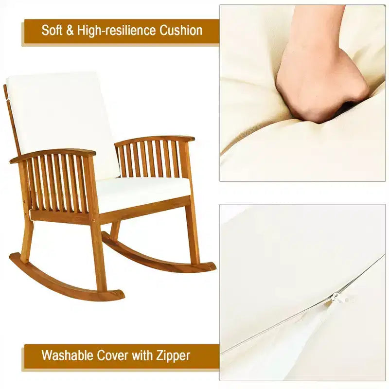 Costway 3-teiliges Garten-Schaukelstuhl-Set mit rundem Tisch aus Massivholz, gepolstertes Sofa für Garten und Terrasse