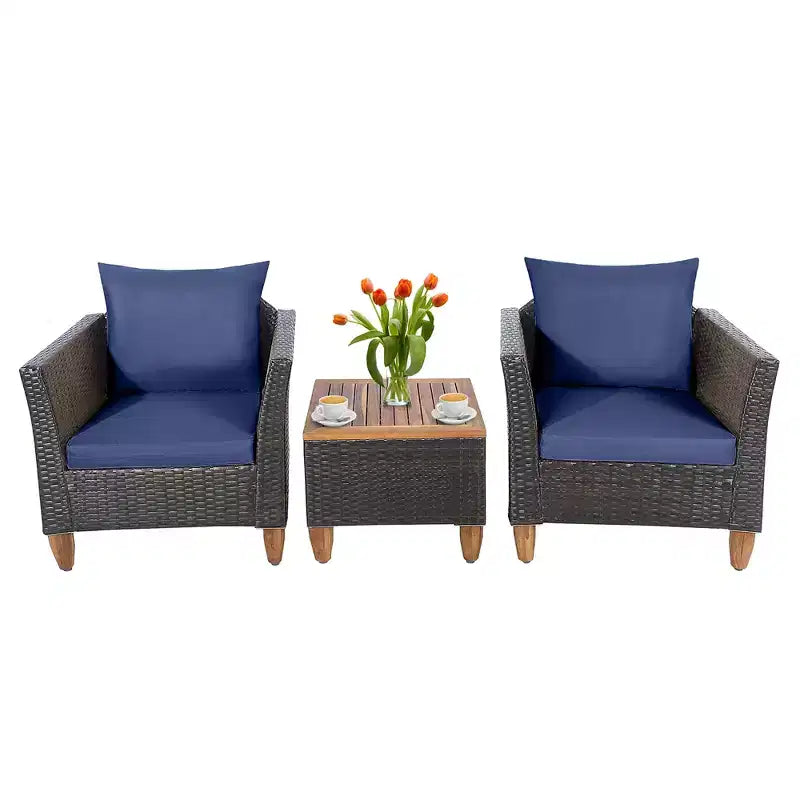 Costway 3PCS Patio Wicker Rattan Sofa Set Furniture Acacia Wood Conversation Grey/Red/Turquoise/Navy/Black/Mix Brown