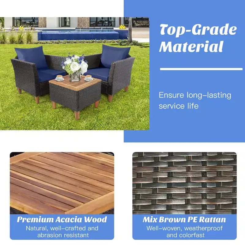 Ensemble de canapé de jardin Costway 3 pièces en rotin tressé, bois d’acacia, gris/rouge/turquoise/marine/noir/marron mélangé