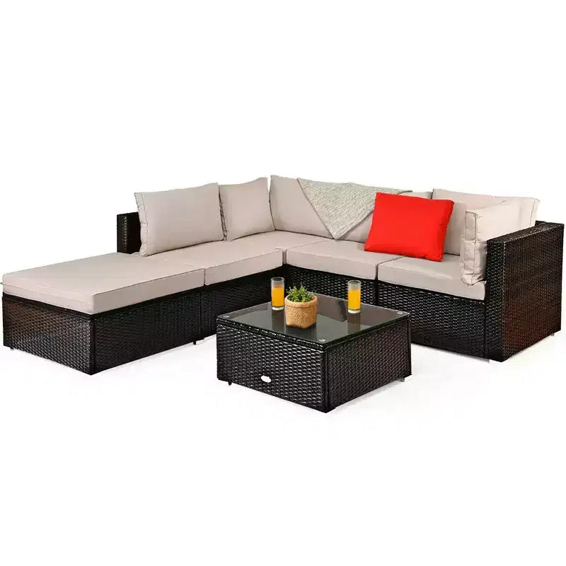 Ensemble de mobilier d’extérieur en rotin Costway, 6 pièces, canapé modulaire avec coussins, bleu marine
oir	urquoise\beige