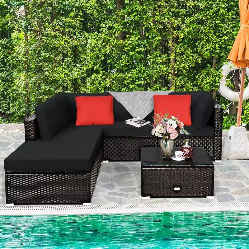 Ensemble de mobilier d’extérieur en rotin Costway, 6 pièces, canapé modulaire avec coussins, bleu marine
oir	urquoise\beige
