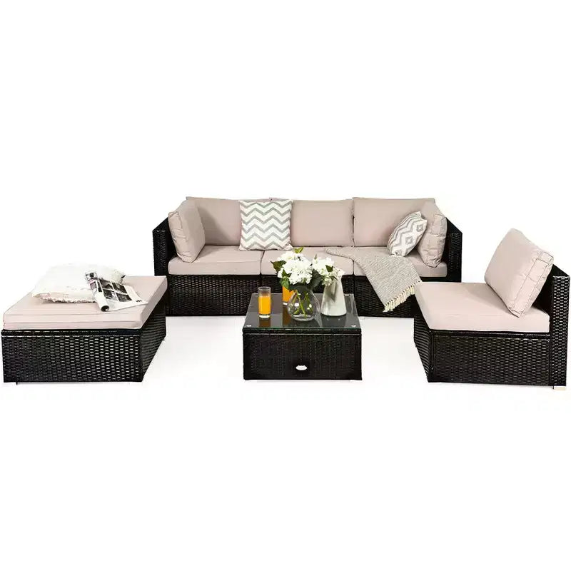 Ensemble de mobilier d’extérieur en rotin Costway, 6 pièces, canapé modulaire avec coussins, bleu marine
oir	urquoise\beige