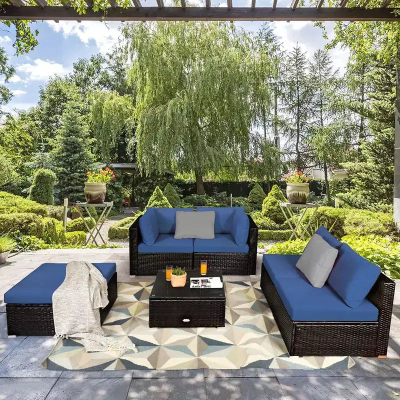 Ensemble de mobilier d’extérieur en rotin Costway, 6 pièces, canapé modulaire avec coussins, bleu marine
oir	urquoise\beige
