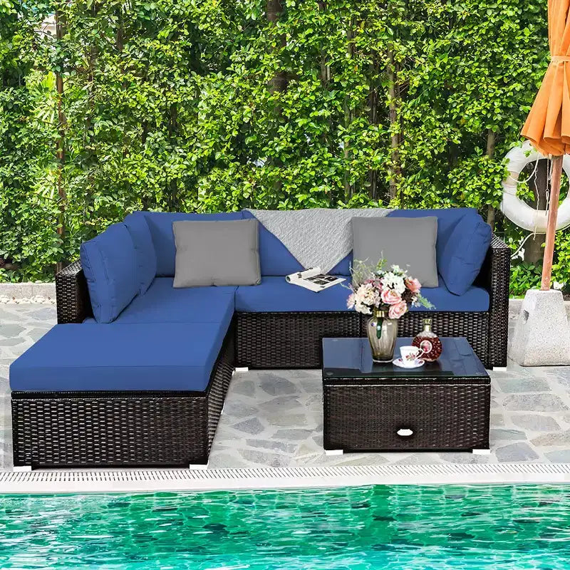 Ensemble de mobilier d’extérieur en rotin Costway, 6 pièces, canapé modulaire avec coussins, bleu marine
oir	urquoise\beige