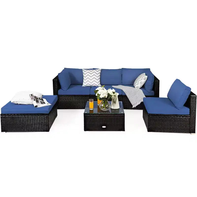 Ensemble de mobilier d’extérieur en rotin Costway, 6 pièces, canapé modulaire avec coussins, bleu marine
oir	urquoise\beige
