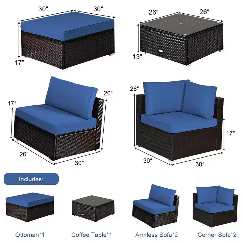 Ensemble de mobilier d’extérieur en rotin Costway, 6 pièces, canapé modulaire avec coussins, bleu marine
oir	urquoise\beige
