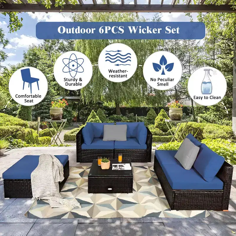 Ensemble de mobilier d’extérieur en rotin Costway, 6 pièces, canapé modulaire avec coussins, bleu marine
oir	urquoise\beige