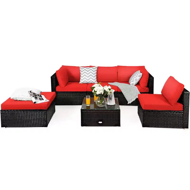 Ensemble de mobilier d’extérieur en rotin Costway, 6 pièces, canapé modulaire avec coussins, bleu marine
oir	urquoise\beige