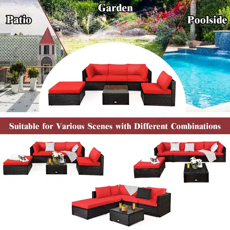 Ensemble de mobilier d’extérieur en rotin Costway, 6 pièces, canapé modulaire avec coussins, bleu marine
oir	urquoise\beige