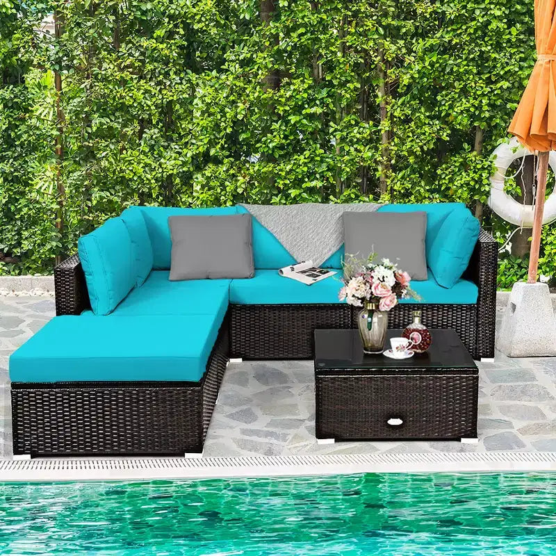Ensemble de mobilier d’extérieur en rotin Costway, 6 pièces, canapé modulaire avec coussins, bleu marine
oir	urquoise\beige