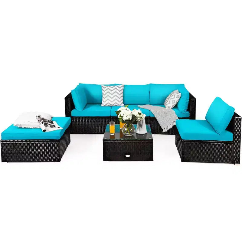 Ensemble de mobilier d’extérieur en rotin Costway, 6 pièces, canapé modulaire avec coussins, bleu marine
oir	urquoise\beige