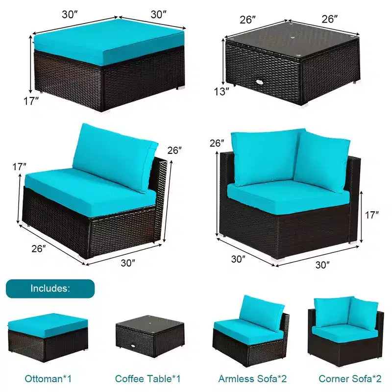 Ensemble de mobilier d’extérieur en rotin Costway, 6 pièces, canapé modulaire avec coussins, bleu marine
oir	urquoise\beige