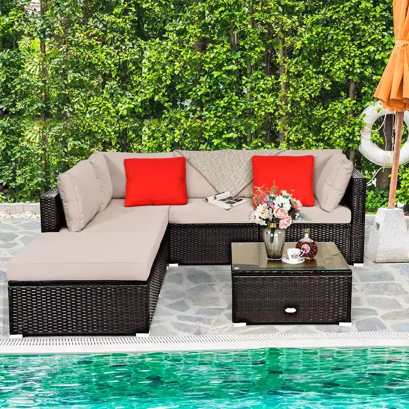 Ensemble de mobilier d’extérieur en rotin Costway, 6 pièces, canapé modulaire avec coussins, bleu marine
oir	urquoise\beige