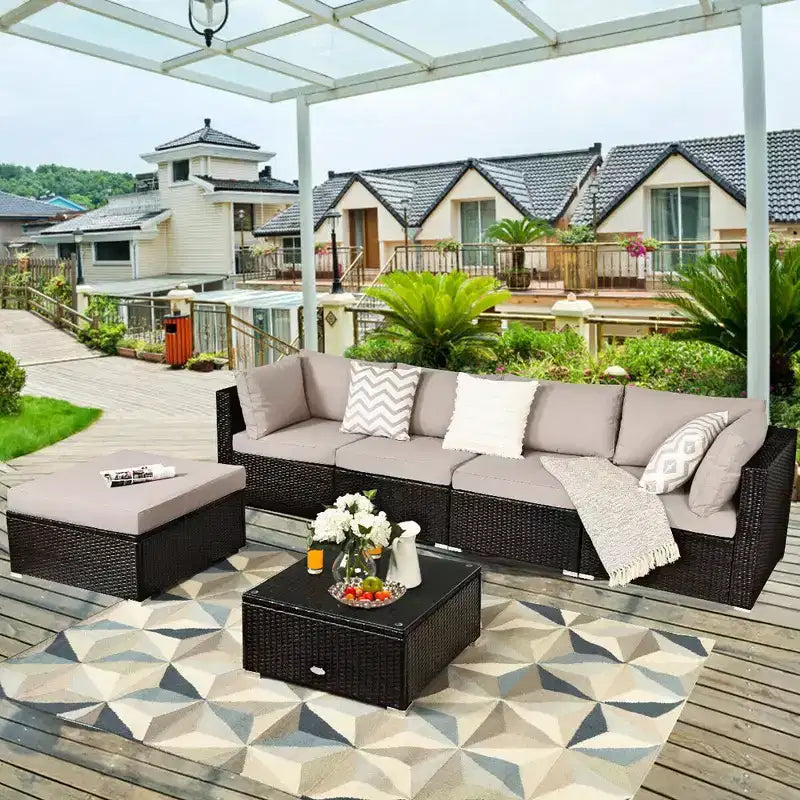 Costway 6PCS Outdoor Patio Rattan Furniture Set Cushioned Sectional Sofa Navy\Black\Turquoise\Beige