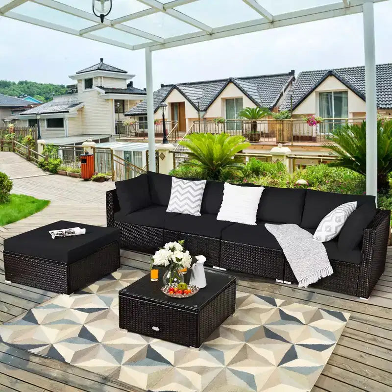 Set di mobili da giardino in rattan da 6 pezzi Costway, divano componibile imbottito, blu navy\nero\turchese\beige