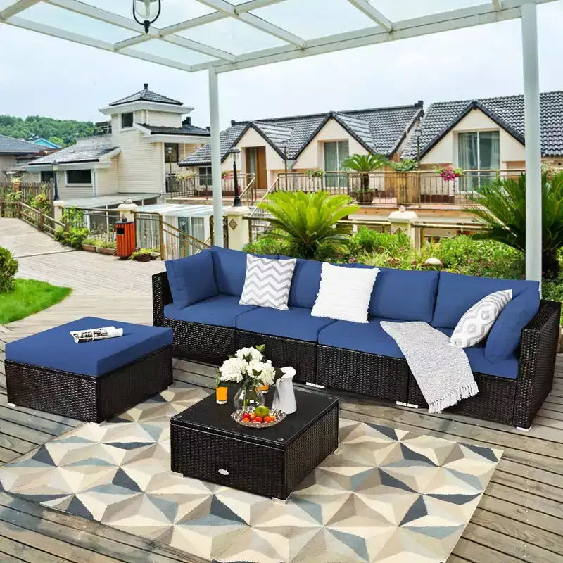 Set di mobili da giardino in rattan da 6 pezzi Costway, divano componibile imbottito, blu navy\nero\turchese\beige