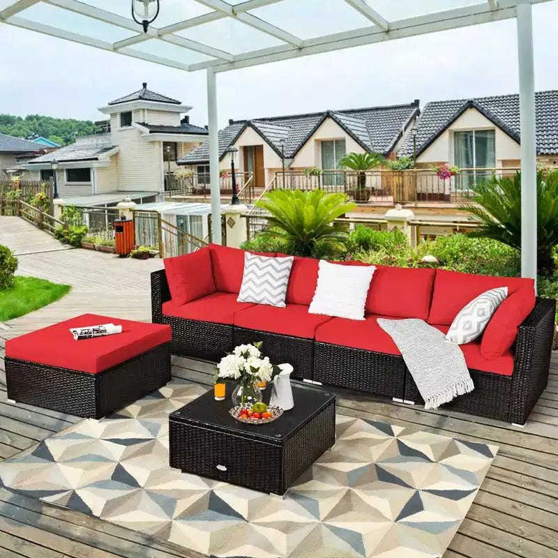 Set di mobili da giardino in rattan da 6 pezzi Costway, divano componibile imbottito, blu navy\nero\turchese\beige