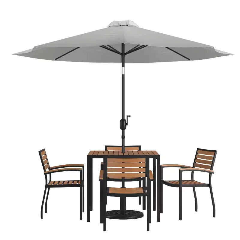 Emma and Oliver 7 Piece Patio Table Set - 4 Synthetic Faux Teak Stackable Chairs - Faux Teak Table - Umbrella with Base