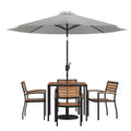 Emma and Oliver 7 Piece Patio Table Set - 4 Synthetic Faux Teak Stackable Chairs - Faux Teak Table - Umbrella with Base