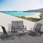 Ensemble de 4 pièces de mobilier d’extérieur Outsunny, avec banc coulissant de terrasse pour 2 personnes, fauteuil suspendu individuel et table basse en verre, noir