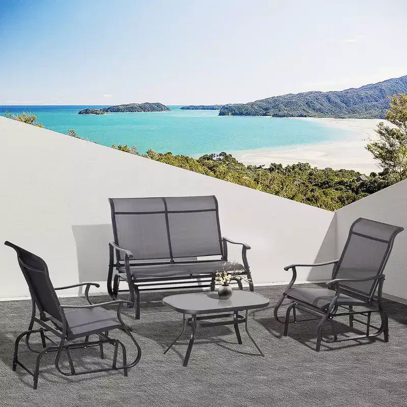 Ensemble de 4 pièces de mobilier d’extérieur Outsunny, avec banc coulissant de terrasse pour 2 personnes, fauteuil suspendu individuel et table basse en verre, noir