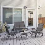 Ensemble de 4 pièces de mobilier d’extérieur Outsunny, avec banc coulissant de terrasse pour 2 personnes, fauteuil suspendu individuel et table basse en verre, noir
